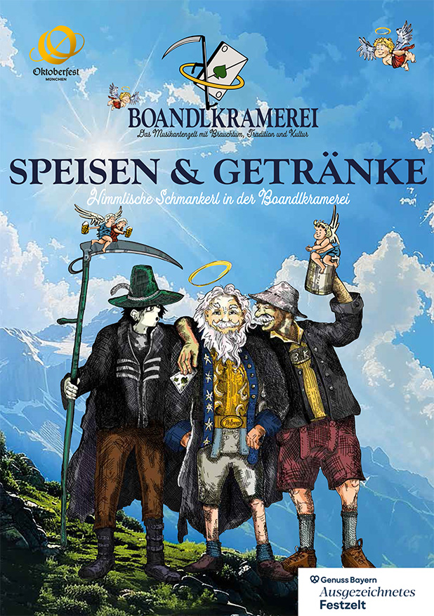 Getränke- und Speisenkarte im Festzelt der Boandlkramerei® auf der Oiden Wiesn - Oktoberfest München 2024